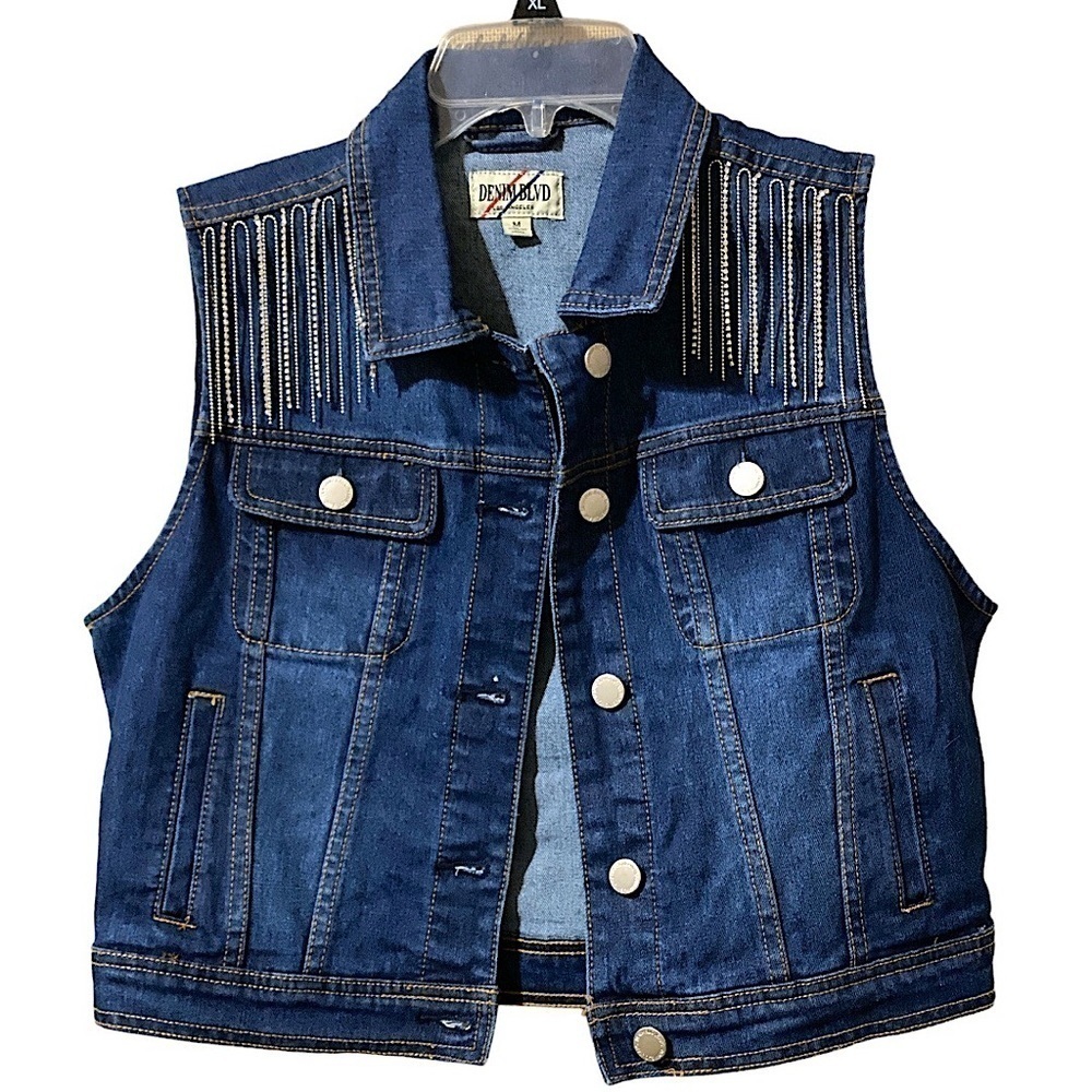 Vintage Coastal Cowgirl Denim Vest Embellished Rhinestone Fringe Detail M…